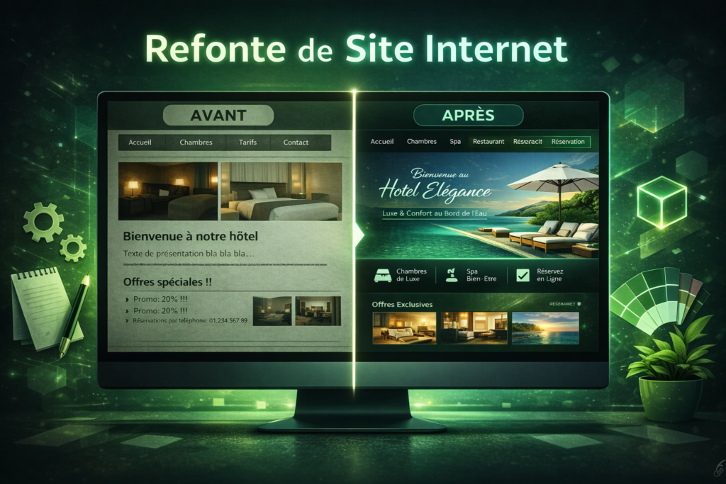 Refonte de site internet. Avant un site peu lisible, après un site moderne, joli et lisible