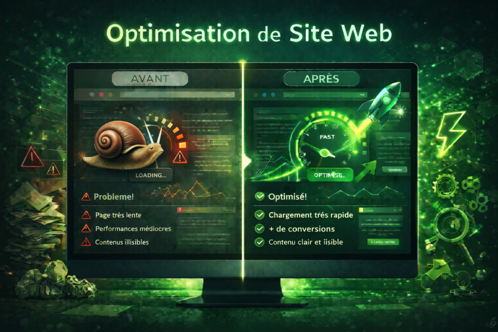 Optimisation de site web. A gauche un site lent, à droite un site rapide qui convertis